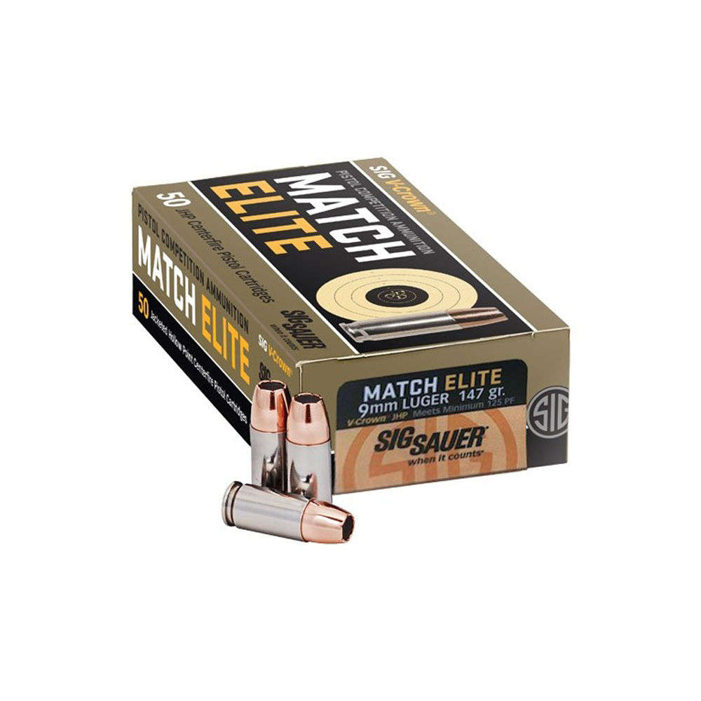 Ammunition Sig Sauer 317 ft lbs 9mm SIG E9MMA3-50      ELITE VCRWN 9MM  147 JHP  50/10 • Model: 317 ft lbs